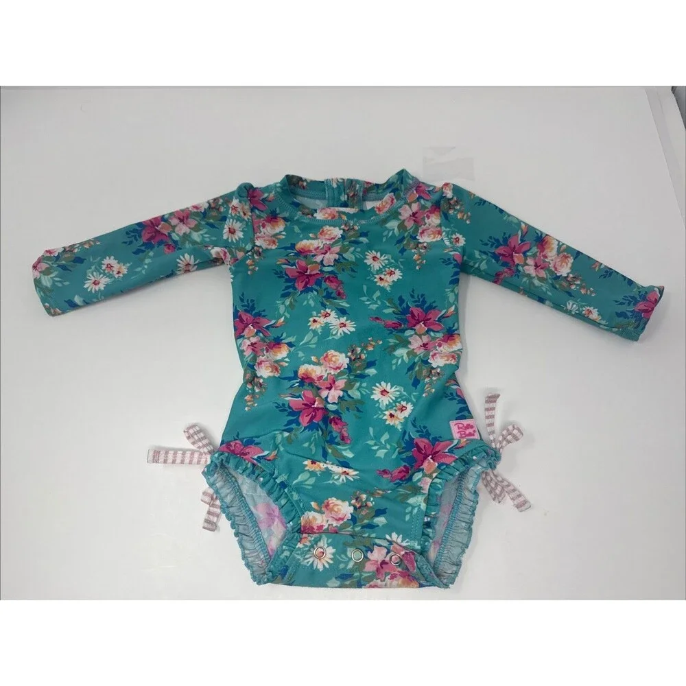 Ruffle Butts Blue / Green Bodysuit One Piece with Long Sleeves Size 6-12M months